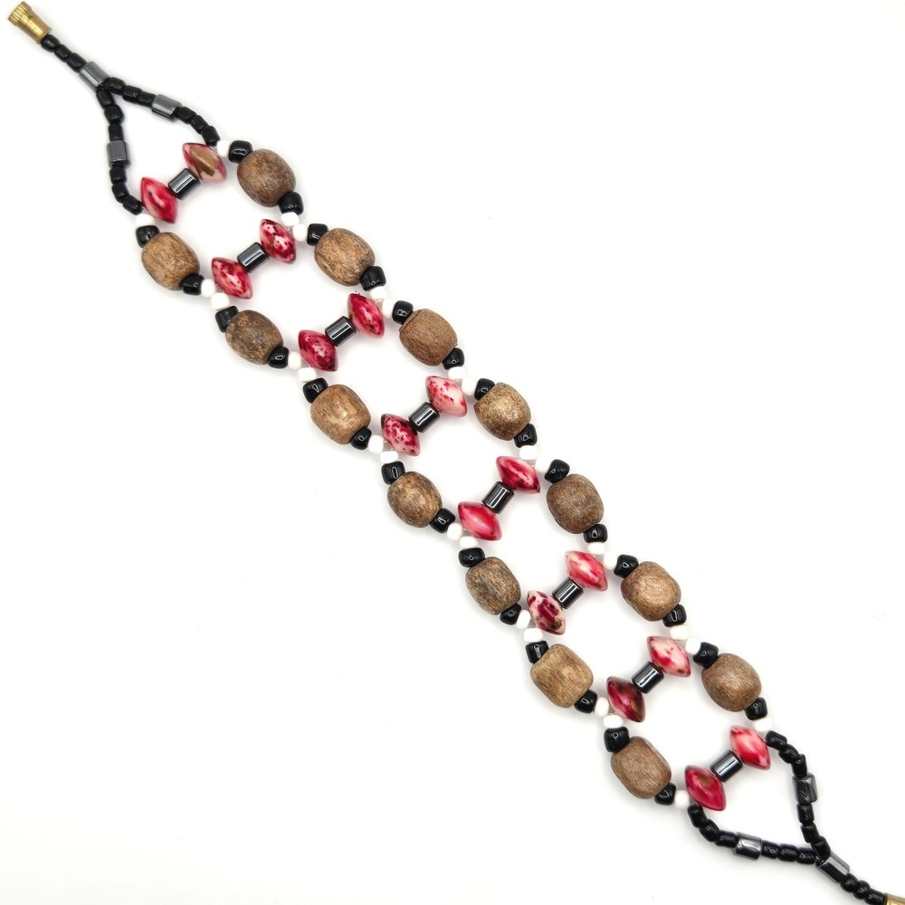 Handmade Wood Ceramic Bead Bracelet Red Brown Black‎ Hematite Barrel Clasp 7.75"